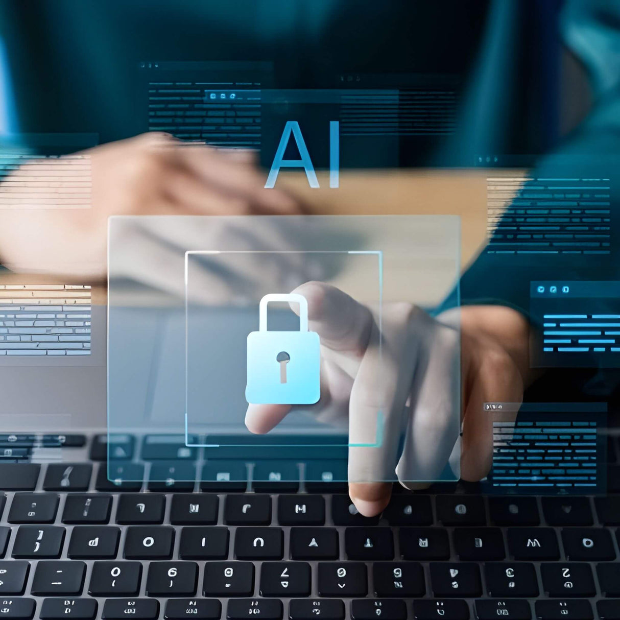 person using a laptop with a digital lock icon and 'AI' text on the screen