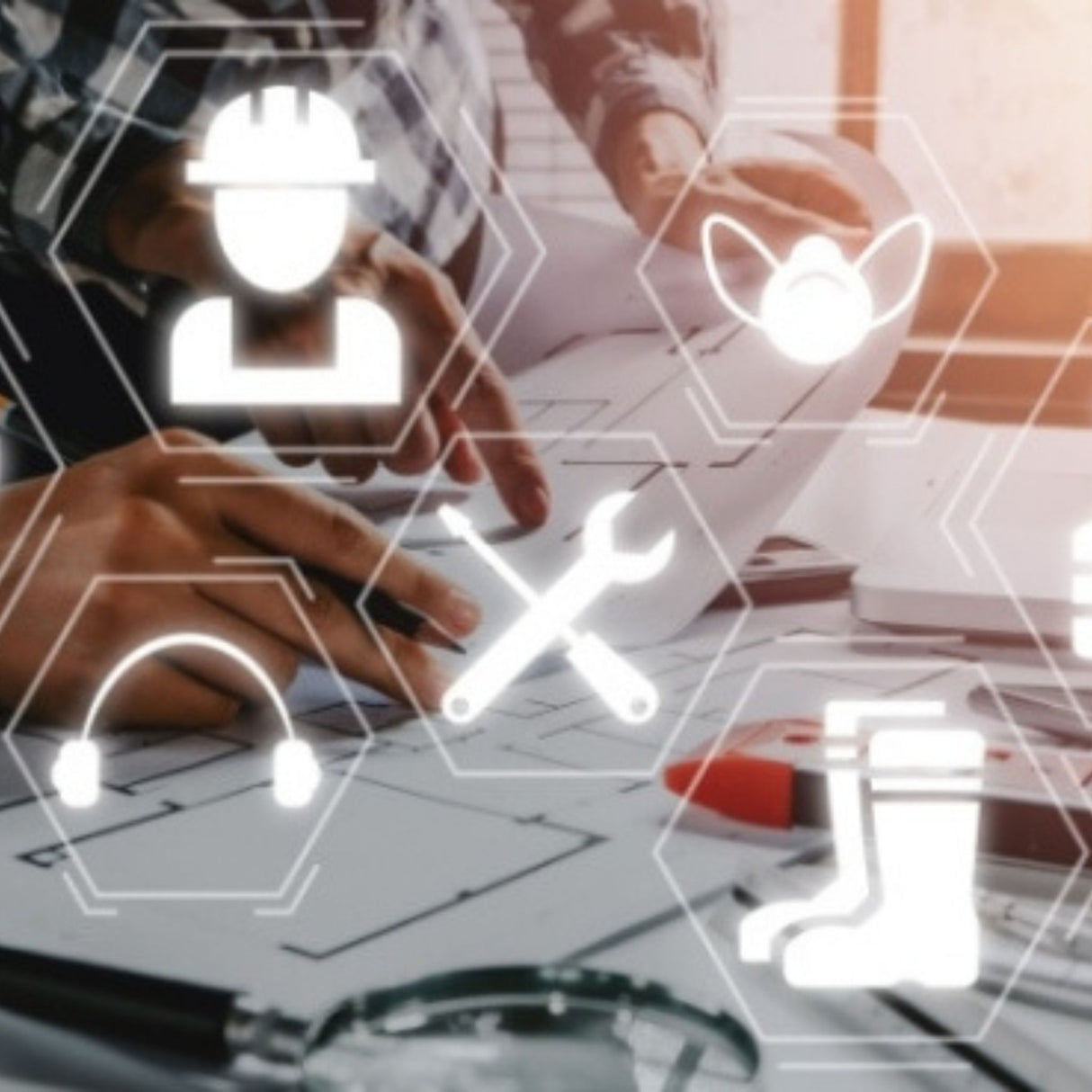 digital icons floating on top of a safety planning meeting